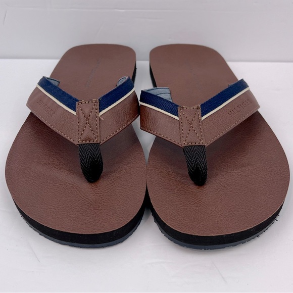 TOMMY HILFIGER MEN’S BROWN AND NAVY FLIP FLOPS, DRAKE-T STYLE, SIZE 9M - Picture 3 of 15